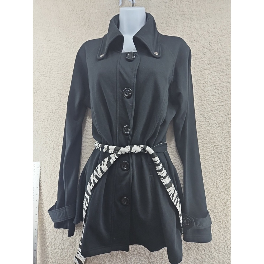 LA Kitty Trench Coat Jacket Black Pea Coat  Zebra Print Sz Xl   Feminine Belted